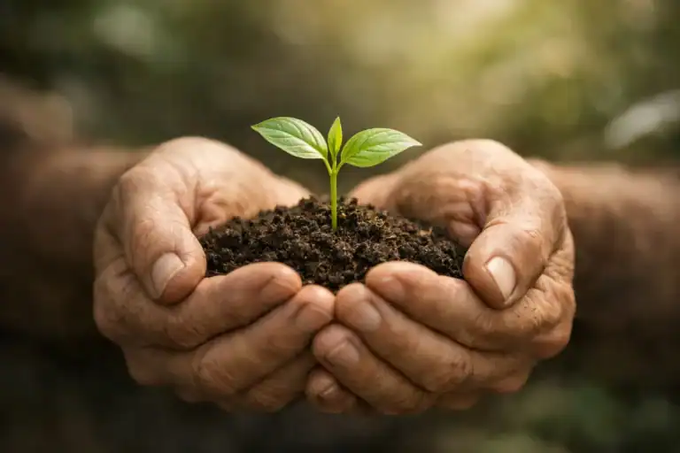Small green seedling gently cradled in protective hands symbolizing tender growth