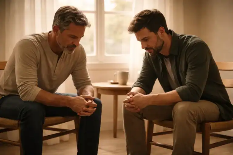 two men sitting in chairs beside window representing compassionate presence in the healing journey
